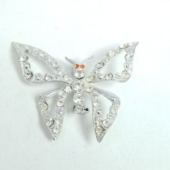 Vintage Rhinestone Butterfly Brooch, Silver Tone Red Eyes Estate, Missing Stones - Picture 2 of 5